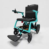 Dash Rehab Dash Lunar Powerchair with joystick, black seat and footrest, lightweight design, front view.