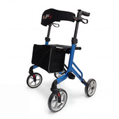 Dash Rehab Dash Sleek Rollator with four wheels, seat, storage bag and hand brakes, front view.