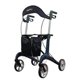 Dash Suave Carbon Rollator with ergonomic brakes, storage bag, and curved backrest, front view.