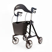 Dash Rehab Dash Swish Carbon Rollator with four wheels, ergonomic handles, seat, backrest and storage bag, front view.