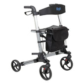 Days Lightweight Rollator with four wheels, black seat, storage bag, hand brakes and stick holder, front view.