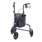 Days lightweight aluminium tri wheel walker with adjustable height, handle brakes, and a storage bag, front view.
