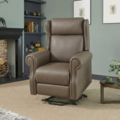 Opera Beds Delby Dual Motor Leather Riser Recliner Chair in a living room with fireplace and shelves, front view.