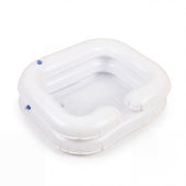 Able2 Deluxe Inflatable Shampoo Basin with open side and rounded edges for hair washing in bed, angled view.