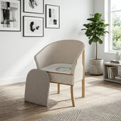 Derby Basketweave Commode with seat cushion lifted to reveal toilet pan, front view.