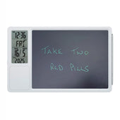 Lifemax Digital Memo Board and Day Date Clock displaying Take two red pills message with time and calendar, front view.