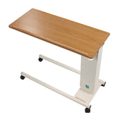 Sidhil Easi-Riser Overbed Table, height adjustable with wood-grain top and wheels, white frame, front angle view.
