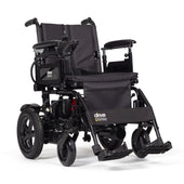 Drive Easy-Fold Powerchair folding electric wheelchair with padded armrests, footrests, and joystick control, side view.