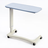 NRS Easylift Overbed Table with wheelchair base, height adjustable, four wheels and white base, side view.