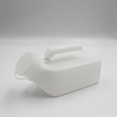 Homecraft Economy Male Urinal with handle and round snap-on lid placed on plain background, side view.