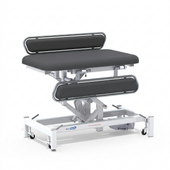 Medi-Plinth Electric Changing Table, adjustable with wheeled frame, NHS-approved and MRSA-resistant, front view.