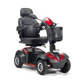Drive Envoy 8 Scooter with high-back seat, armrests, front basket and four large wheels, side view.