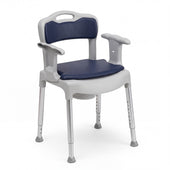 Etac Swift Commode, adjustable with armrests and backrest, suitable as toilet raiser or shower chair, front angle view.