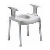 Etac Swift Toilet Seat Raiser with armrests and sturdy freestanding legs, front angle view.