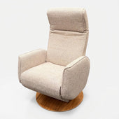 Modern Motion Fitzroy riser recliner swivel chair with high back and wooden swivel base, ergonomic design, front view.