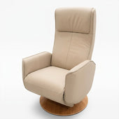 Modern Motion Fitzroy riser recliner swivel chair with high backrest and wooden base, white background, front view.