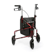 Flame Ultralight Aluminium Triwalker with three wheels, storage bag and hand brakes, front view.