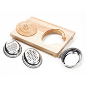 Easi-Grip Food Preparation Board with round cutout, lid, metal graters and bowl for one-handed use, front view.