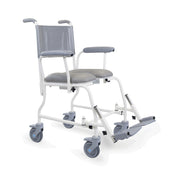 Prism Medical Freeway T40 mobile shower chair with armrests, large wheels, footrests and cushioned seat, side view.
