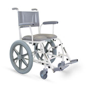 Prism Medical Freeway T60 Self-Propel Shower Chair with large rear wheels, padded seat, armrests and footrests, front view.