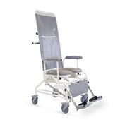 Prism Medical Freeway T80 Reclining Shower Chair with wheels, armrests and footrests, flame-retardant material, front view.