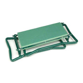 Garden kneeler with foldable seat, padded platform and sturdy frame, suitable for gardening tasks, side view.