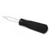 Button hook with black handle and metal loop for fastening buttons, close-up view.