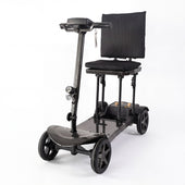 Urathon Halo Flat-Folding four-wheel mobility scooter with cushioned seat, backrest and handlebars, side view.