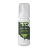 Nilaqua Hand Sanitiser alcohol-free bottle with pump, green label, suitable for skin cleaning, front view.