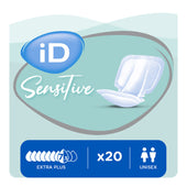 Ontex iD Sensitive Form Extra Plus Shaped Pads 20 pack with pad image and icons for protection and unisex use, front view.