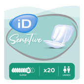 Ontex iD Sensitive Form Super Shaped Pads 20 pack, absorbency icons and waterproof leak protection shown on packaging, front view.