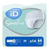 Ontex iD Pants Sensitive Extra Plus unisex adult pants, size M, 14 pack, level 6 absorbency, packaging front view.