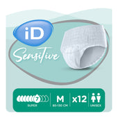 Ontex iD Pants Sensitive Super unisex pull-ups, size M 80-130 cm, 12 pack, super absorbency, front view.