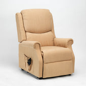 Restwell Indiana single motor electric riser recliner chair with left-side remote pocket on white background, front view.