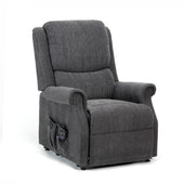 Restwell Indiana single motor electric riser recliner chair with padded arms, remote, and side pocket, white background, front view.