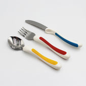 NRS Kura Care Children’s Cutlery Set with spoon, fork and knife, easy-grip handles, dishwasher safe, front view.