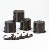 Five Langham SureGrip Furniture Raisers, three upright and two on their sides, on a white background, front angle.