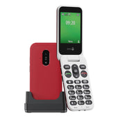 Red and white Doro Leva E22 mobile phone with large buttons on a charging dock, screen shows 09:20, front view.