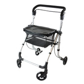 Lightweight indoor rollator with black seat, mesh basket and padded handlebar, folding design, shown from the front.
