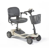 Motion Healthcare Lithilite scooter with black seat, armrests, puncture proof wheels, front basket and lithium battery, side view.