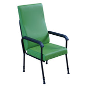 Aidapt Longfield height adjustable chair with black metal frame, armrests and ergonomic back, white background, front view.