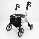 Urathon Luna lightweight 4 wheel rollator with seat, folding frame and storage pouch, white background, front view.