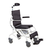 Prism Medical Mackworth M80 lightweight aluminium tilt-in-space shower chair with armrests, footrests, headrest and four caster wheels, front view.