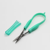 Mini Easi-Grip Scissors with pointed stainless steel blades and protective cover on a white background, top view.