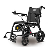 Nitron Carbon Powerchair by Motion Healthcare with joystick and large rear wheels, white background, side view.
