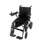 Urathon Nira Lightweight Powerchair with armrests, footrests, large rear wheels and left joystick control, side view.