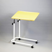 NRS Overbed/Overchair Table with white frame and four castors on plain grey background, angled front view.