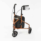 NRS Three Wheel Aluminium Rollator with black handles, compact seat and foldable lightweight frame, side view.