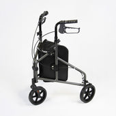 NRS Three Wheel Aluminium Rollator with hand brakes and black bag, white background, front view.
