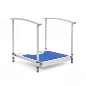 Toilet platform with two curved handrails and height-adjustable seat with open front cutout, front view.